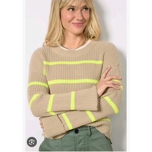 Evereve Tan Neon Green‎ Striped Ribbed Oversized Cuffed Nora Sweater Size XS